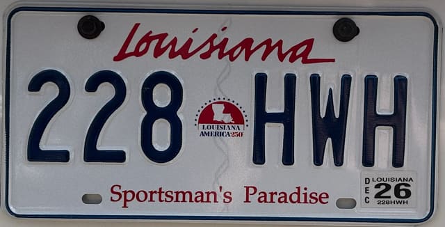 Current standard-issue license plate from Louisiana