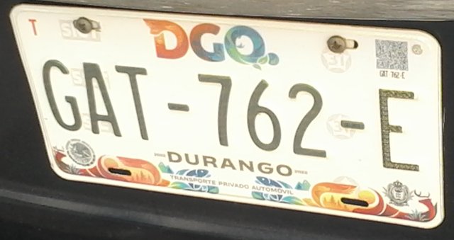 Current standard-issue license plate from Durango, Mexico