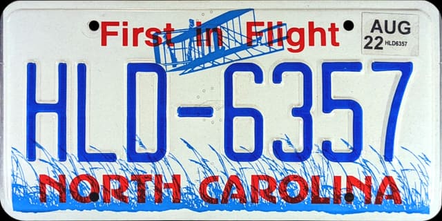 Current standard-issue license plate from North Carolina