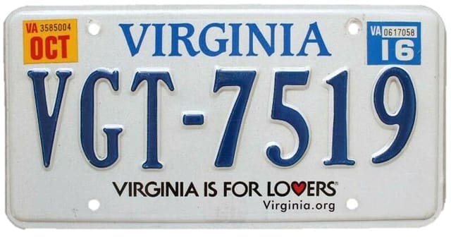 Current standard-issue license plate from Virginia
